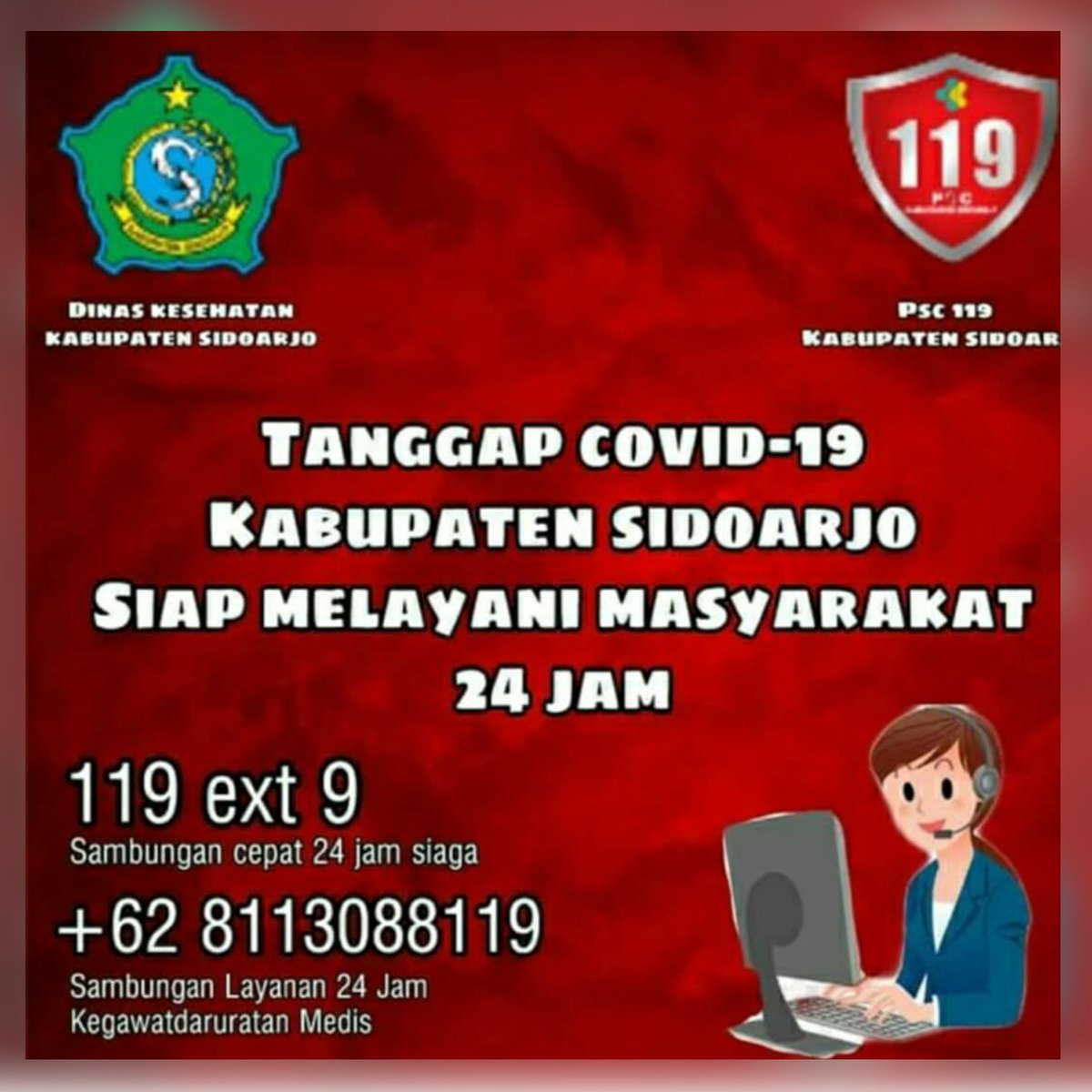 Suara_Sidoarjo's tweet photo. Tetap jaga kesehatan dan jalankan protokol kesehatan saat melakukan aktivitas. menemukan gejala Covid-19? segera hubungi :

☎️ 119 (24 Jam Siaga)
☎️ 081 8113088119 (24 Jam Kegawatdaruratan Medis)

#Dinkessidoarjo #suarasidoarjo #multiplatformradio #sidoarjoupdate #infosidoarjo https://t.co/8gLbSnsW68