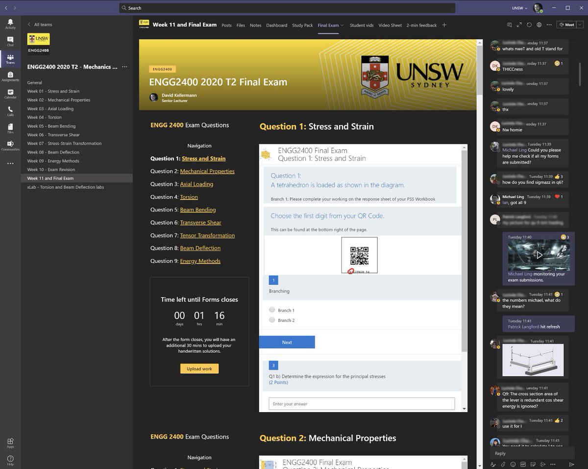 So I ran my first online final exam as open-web, open-chat. Engineering is collaborative, so I told students to share anything. 770 chats in 2hr exam. Histogram of grades were same as exam halls. I built it using  @MicrosoftForms webparts in  @SharePoint as a  @MicrosoftTeams tab.