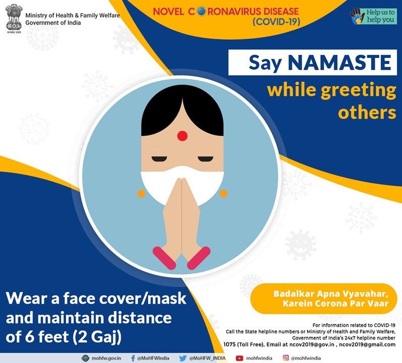 MoHFW_INDIA's tweet photo. #IndiaFightsCorona

Use hands free greetings and ensure you wear your face-cover/mask at all times. 

#BadalkarApnaVyavaharKareinCoronaParVaar #TogetherAgainstCovid19 https://t.co/g5K5Mx4jRG