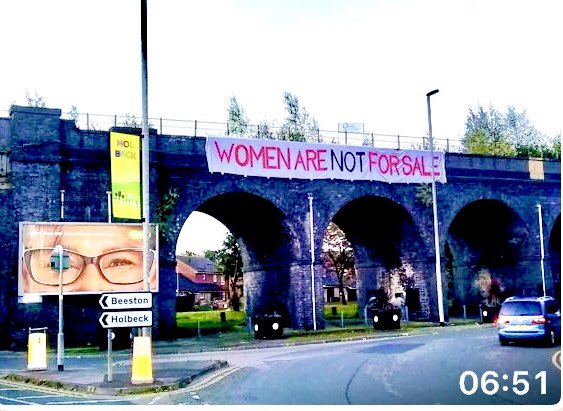 The Managed Approach, Leeds, this morning. Another successful LEEDS ReSISTERS, action against legalised prostitution in Holbeck. The banner was 16 meters long! Boots on the ground. #CityOfPunters #WomanFriendlyLeeds #PaidRape @LeedsCC_News @ReSistersU @PankhurstEM