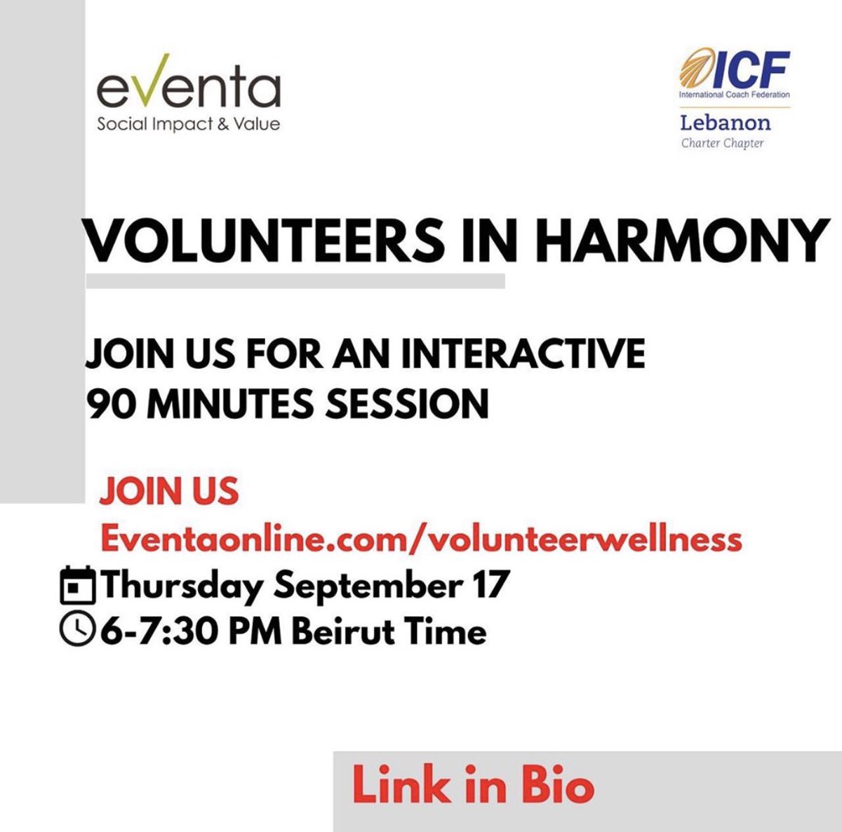 VolunteerBeirut's tweet photo. “Volunteers in Harmony” session TWO of Volunteer Wellness is now open for free registration!
Join us this Thursday Sep 17 at 6:00 PM and learn from our speakers how music therapy guides well-being and gain a D.O.S.E of happiness.

Register here
https://t.co/gFtVRkWV40 https://t.co/sS2GtZ1G6x