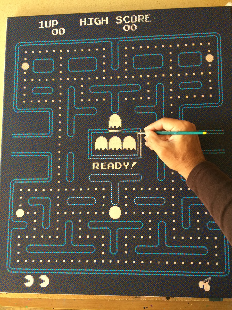 patrickegarter's tweet photo. #finearts, at work: „pac man: pixelism meets pixel-art“, #pixelism - ca. 75.000 painted pixels, □ = 2 x 2 mm, acrylic on canvas, 50 x 60 cm. #acrylic #visualart #art #pixelart #pixelpainting #atwork #pixelpainter #pixels #canvas #paintedpixels #pacman #arte #kunst #colors #pixel https://t.co/4lHONClZz0