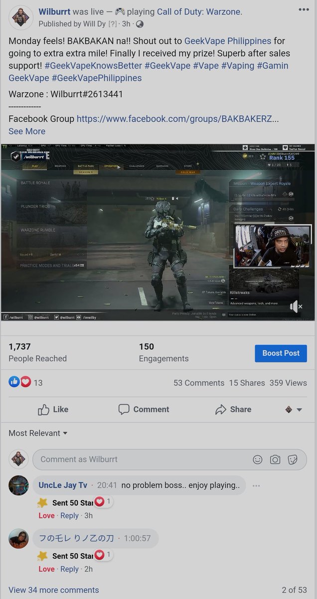 wilburrt's tweet photo. Monday streaming is ❤️❤️❤️ gotta get a better server😂😂😂 .. thanks mga pre! Support lang natin ang local streamers! Sana dumami pa viewers and kalaro 😁😁😁 https://t.co/fQRHumFQUc .. #FacebookGaming #Gaming #Streaming #Warzone #CODWarzone #CallofDuty https://t.co/jrvFP49yR2