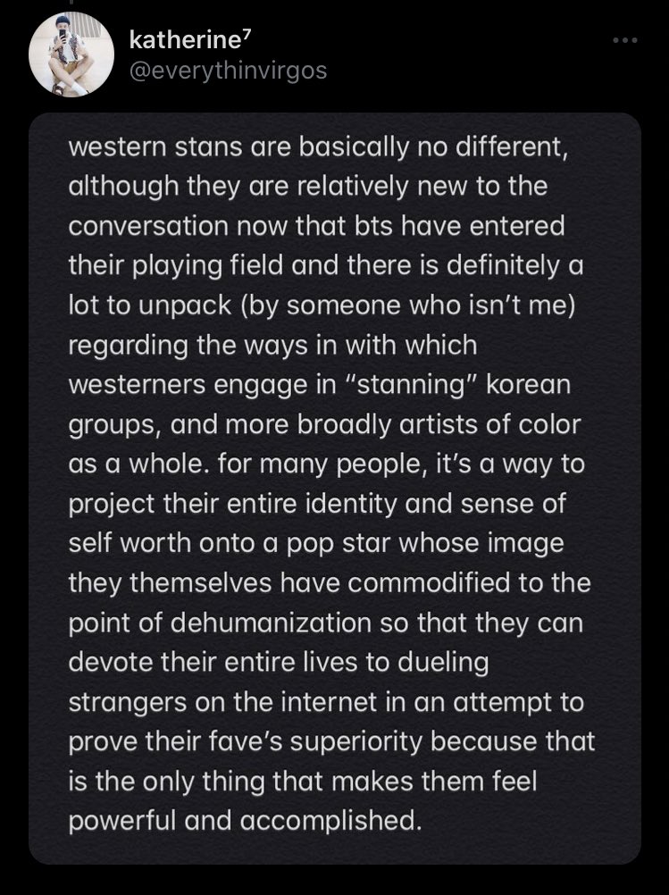 - claiming all fans commodify their faves in order to live vicariously thru them to give themselves a sense of superiority cause ‘they stan someone more successful’ — completely ignoring that members of their own fandom are known for doing just that.