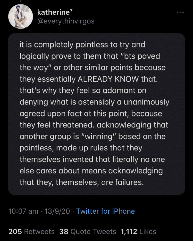 - thinks that just bc other groups don’t share the same success as bts that they’re ‘failures’.- believes the ‘bts paved the way’ nonsense as if all validation lies in western acceptance.