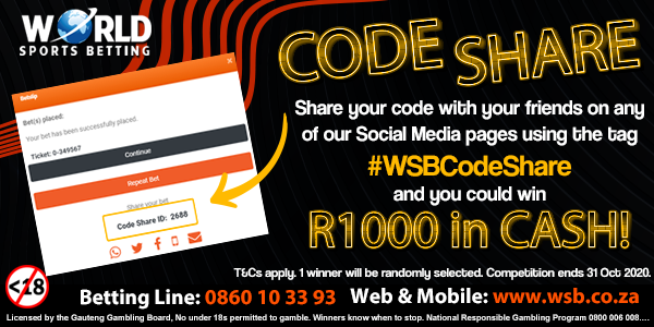 WorldSportsBet's tweet photo. Code Share is here and you could bag yourself R1000 in CASH! 
Place any bet on the WSB website, share your code with your friends on any of our Social Media pages using the tag #WSBCodeShare and you could win R1000 in CASH!

T&amp;C's apply. Ends 31 Oct 2020
#CodeShare #WinWithWSB https://t.co/ad8IDwLoaw