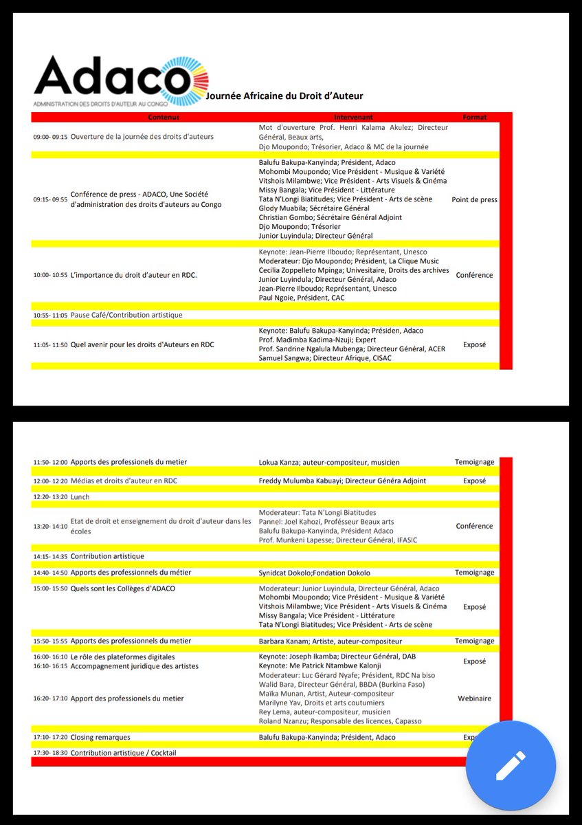 EVENTSRDCCOM's tweet photo. Le programme final et très détaillé de la commémoration de la  Journée africaine des droits d'auteur par l'#Adaco 
#ConfADACO #ConfADACO20 #JADA20 @adaco_rdc @CISACNews https://t.co/nOzWU9tUbV
