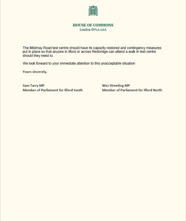 .<a href="/wesstreeting/">Wes Streeting</a> &amp; I have written to <a href="/MattHancock/">Matt Hancock</a> about the stopping of walk in tests at Mildmay test centre in Ilford South.

The centre serves the entire Borough of Redbridge. To stop walk-in test facilities at a time when #Covid19 infection rates are rising is simply dangerous.