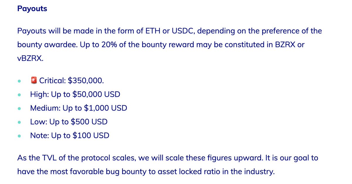 7/4 one of the founders just mentioned on telegram that the "recommendation" from their independent security panel was a 12.5k bounty. Now I don't want to be greedy but this number is a lot different from what they listed in their relaunch blog last month  @rleshner