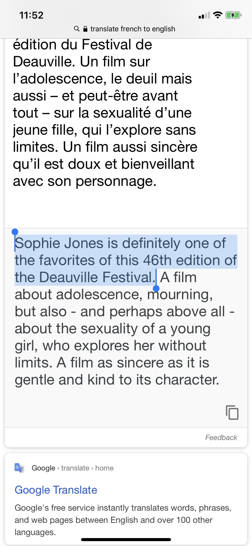 Jessie Barr⚡️ on Twitter: "Reading French reviews like 🤓😭🤪 🌹 🙏 bless  up google translate. 🕊 @Onsefaituncine_ @marg_oh #sophiejonesmovie  #Deauville2020 https://t.co/nMOIaIqjaR" / Twitter