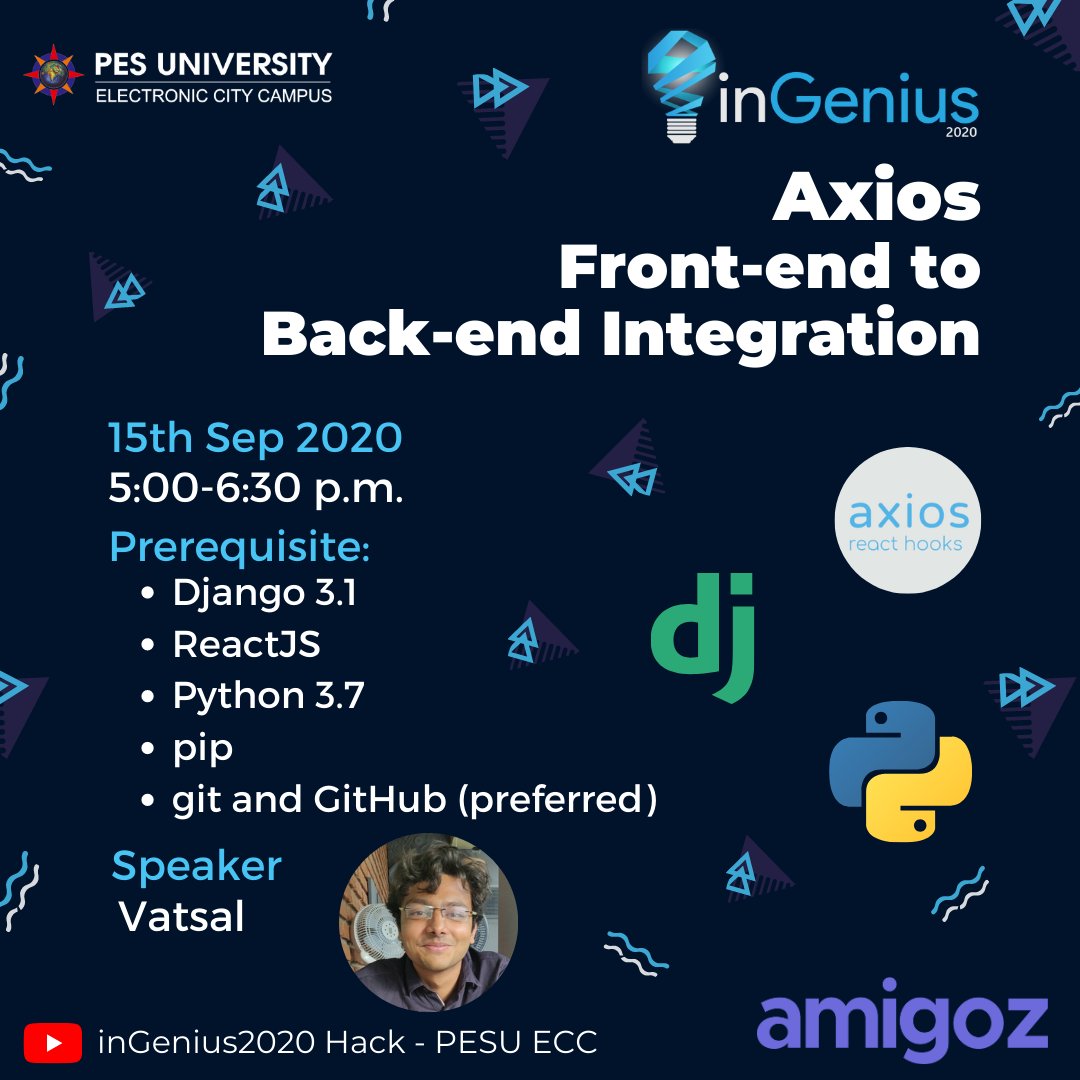 ingeniushack's tweet image. Hello people! inGenius #getsetprep series now brings you its next webinar - a thorough workshop on Frontend to Backend Integration! 

Learn how to bring your application to life and much more! 

Stream webinar live in YouTube:
youtu.be/PB45GC5LcQw