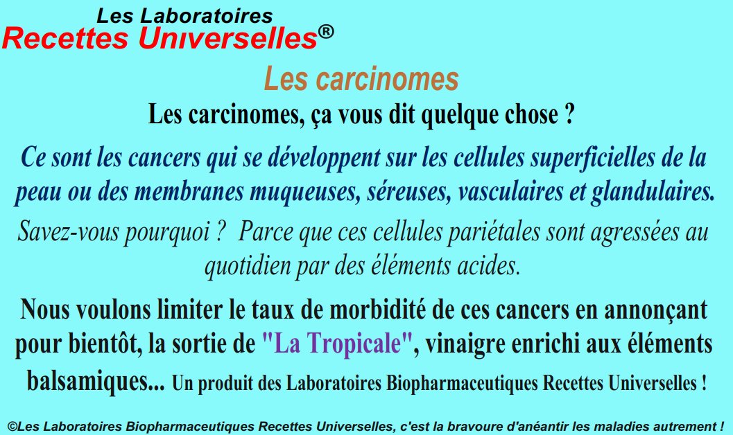 RecettesUHealth's tweet image. Les carcinomes
Ce sont les cancers qui se développent sur les cellules superficielles de la peau ou des membranes muqueuses, séreuses, vasculaires et glandulaires.
Savez-vous pourquoi ?  Parce que ces cellules pariétales sont agressées au quotidien par des éléments acides...
