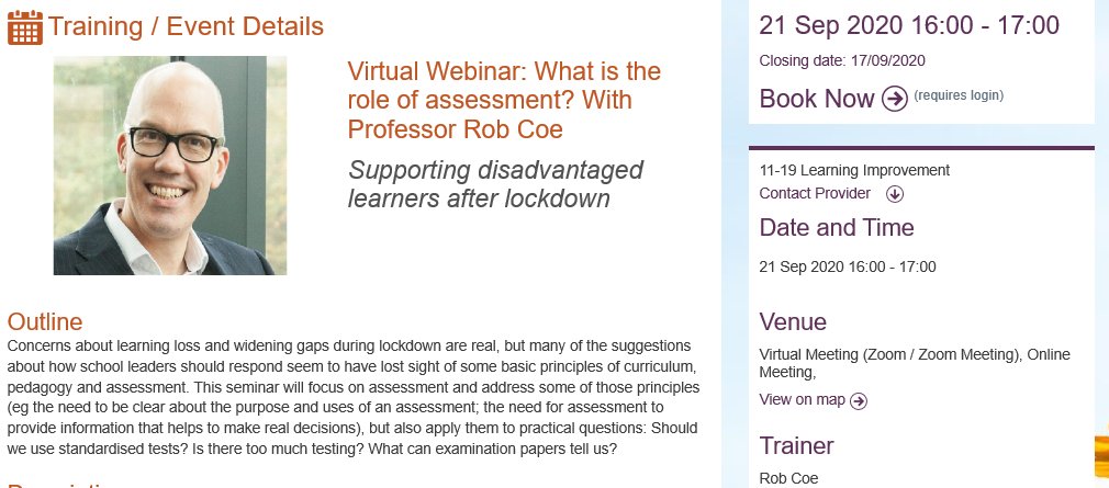Leeds0_19Team's tweet photo. One week to go.... free CPD with @ProfCoe . A not to be missed opportunity - places are limited and are going fast! Book via: https://t.co/KtowfTQtiY
#CTGleadership #assessment #SLTchat #schoolsreopening @SaleemTariq @Leeds_Learning https://t.co/8X5KbEhrgC
