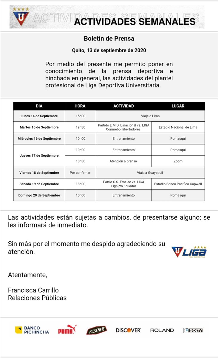 GustavoLiguista's tweet photo. Actividades de la semana lunes 14 de septiembre al 20 de Septiembre @LDU_Oficial estaremos pendiente del Rey de Copas🏆 #CONMEBOLLibertadores el martes 15 juega en Lima⏲️19:30 pm x la victoria luego la @LigaProEc el próximo viernes Juega #7lc en #Guayaquil a las⏲️18:00 pm💪🍳💯⚽ https://t.co/l4YrnoIekh
