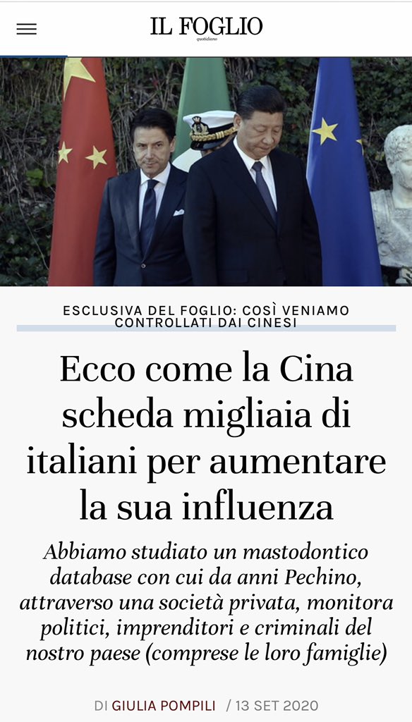 China is watching 10,000 Indians? Duh.  @ilfoglio_it says the Chinese firm was tracking 4,000 Italians—and the fathers, mothers, children comrades, and companions of political leaders. Presumed Islamic terrorists residing in Italy were also monitored.  #ChinaWatching