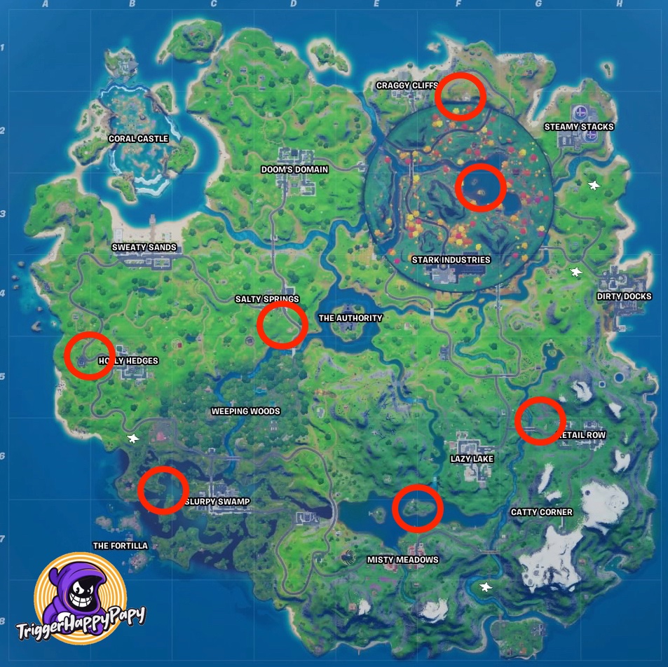 TrigerHappyPapy's tweet photo. Fortnite Gorger Spawn Location Map (Most common, as they spawn near major POI's) that I created! Quick video guide on my Youtube channel! Link in bio! #FortniteGorger #Fortnite #Gorger #FortniteGorgerMap #TrigerHappyPapy #Triggerhappypapy https://t.co/oZNYGbaxMh