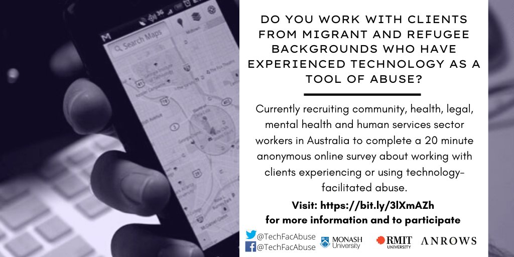 TechFacAbuse's tweet photo. Our team at @MonashCrim and @RMIT want to hear from sector workers who have clients experiencing or perpetrating abuse involving mobile and digital tech such as online sexual harassment, stalking and image-based abuse. Visit https://t.co/e0HiL753bC to participate. https://t.co/nN8Lga9r3U