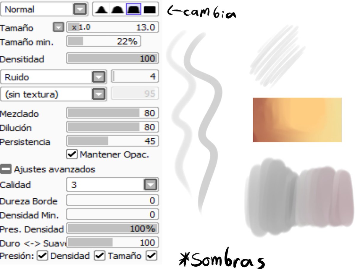 les comparto los pinceles que mas uso a la hora de dibujar, el de lineart, el que mas uso para bocetear, y el bebe de las sombras, adoro hacer todas las sombras con el 