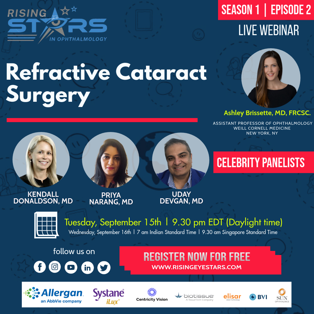 Tune in Tuesday @ 9:30pm EDT for our Rising Star 🌟 , Dr. Ashley Brissette &amp; celebrity panelists: Dr. Kendall Donaldson, Dr. Priya Narang, and Dr. Uday Devgan. Visit risingeyestars.com and register for FREE! RisingEyeStars.com #RisingStarsInOphthalmology #RisingEyeStars