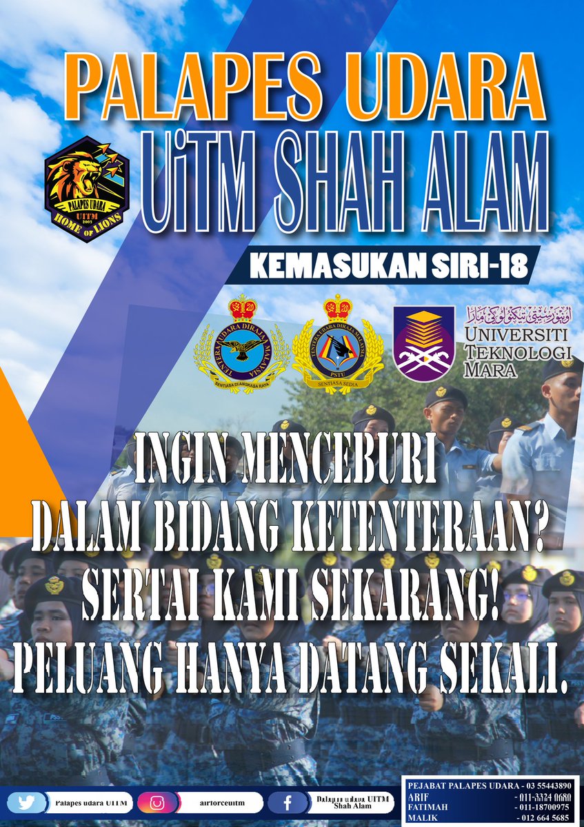 muhddhiyauddin's tweet image. Jangan lepaskan peluang anda untuk menjadi salah seorang daripada kami ‼️ PENGAMBILAN PEGAWAI KADET PALAPES UDARA UITM SHAH ALAM SIRI 18 KINI DIBUKA ! Peluang hanya datang sekali. Dm @UdaraUitm untuk maklumat lanjut ✌️

#cap55
#palapesudara
#uitmshahalam
#uitm
#palapes