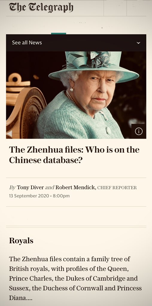 China is watching 10,000 Indians? Duh. ‘The Daily Telegraph’ reports that the Chinese tech firm’s data base of “tens of thousands of British figures” contains a “family tree” of British royals with profiles of the Queen—and the late Princess Diana.  #ChinaWatching  @Telegraph