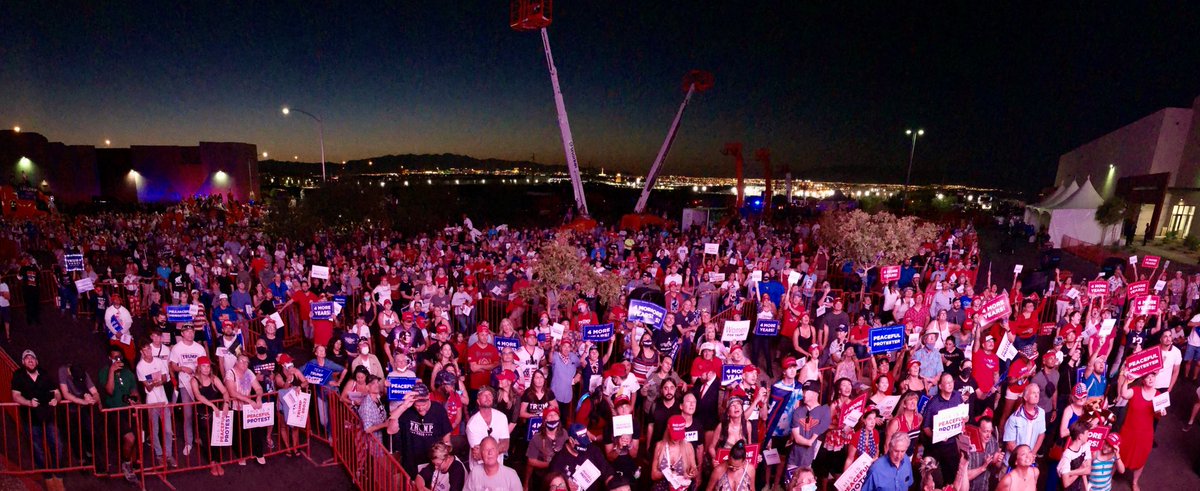 DanScavino's tweet photo. AWESOME!!! Overflow crowd tonight in Henderson, Nevada for President @realDonaldTrump’s #MAGARally! Something’s happening out there again folks — just like in 2016, watch! VOTE, VOTE, VOTE! #MAGA🇺🇸🦅 https://t.co/6Kf68sxsX1