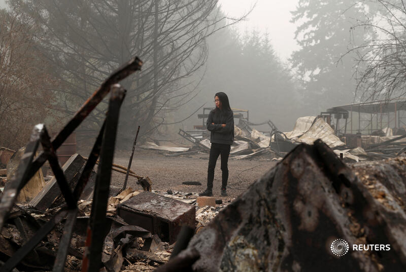Reuters's tweet photo. 'All gone:' Residents return to burned-out Oregon towns as many West Coast wildfires keep burning https://t.co/NkclJ2Iggy https://t.co/NDQS3otnZM