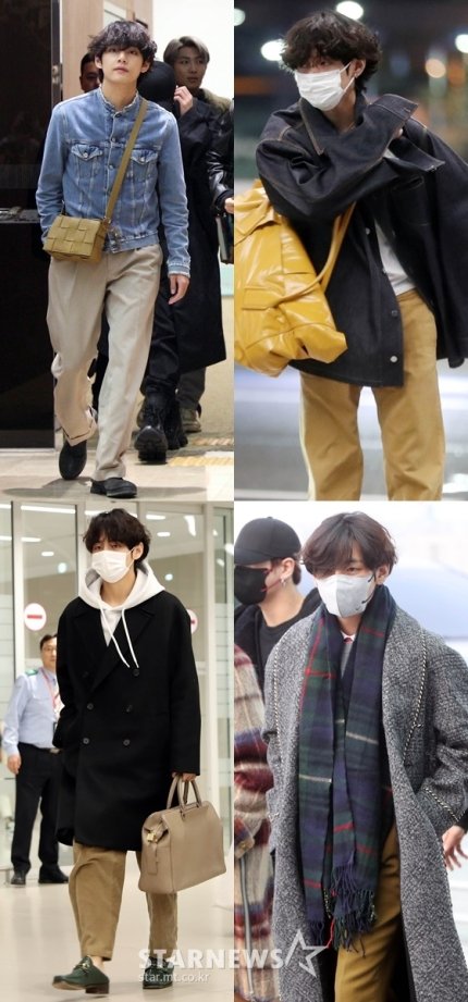 Bts V News V Airport Fashion From The Designer S Point Of View In The First Photo Wearing A Black T Shirt And A Fancy Shirt He Admired That The Splendor Of