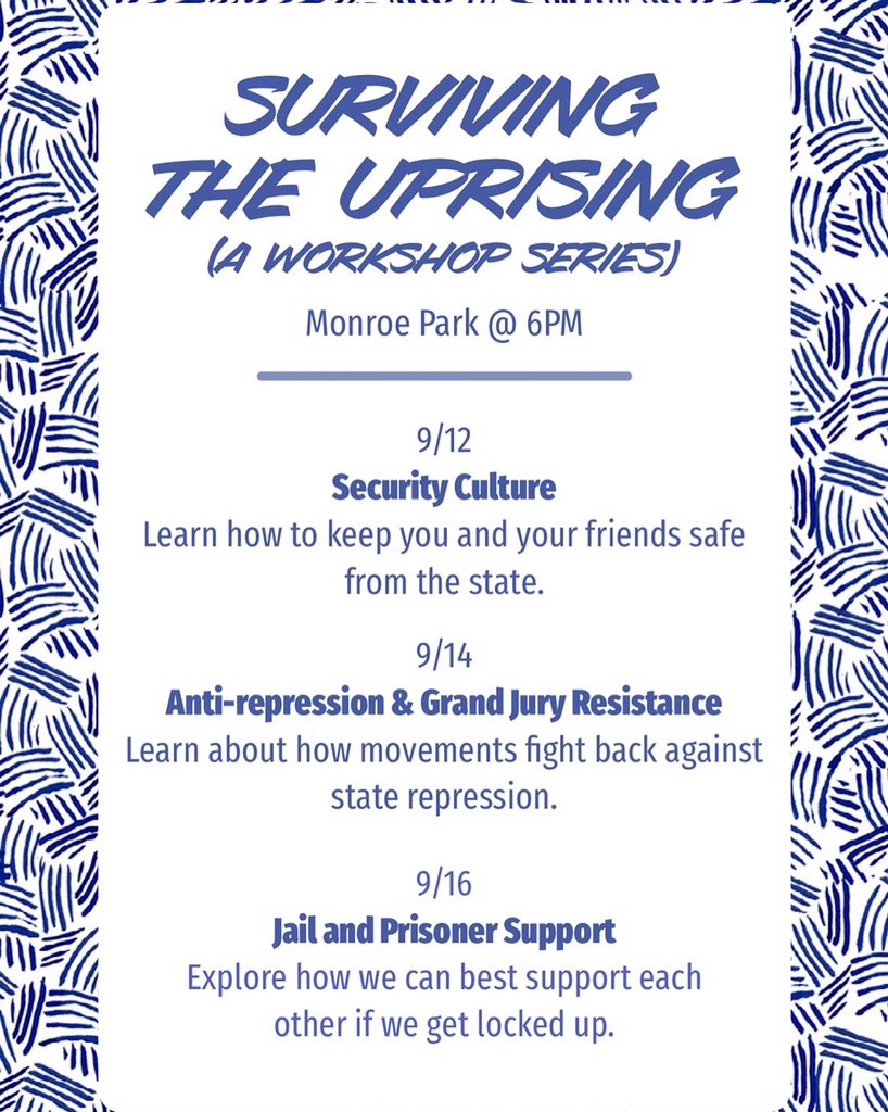 MayDayRVA's tweet photo. Next workshop up is on anti-repression and grand jury resistance! Later this week jail &amp; prisoner support 🖤 all crucial parts of strong movements

Monroe Park, Monday &amp; Wednesday @  6pm, bring a friend. Thank you @ScuffletownARC &amp; @RVABailFund https://t.co/ESuDwJbcyC