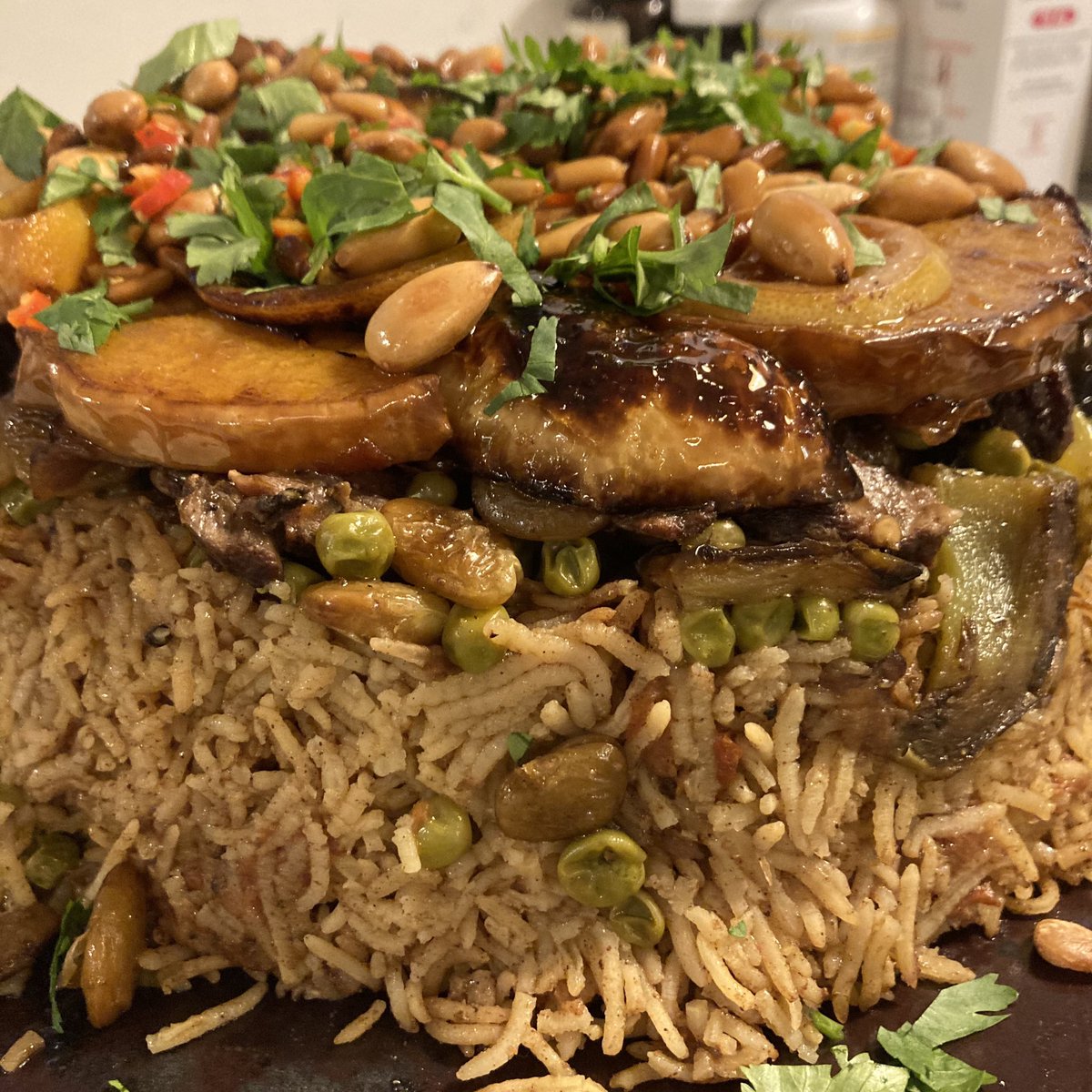 I got medieval tonight and made maqloubeh!  Maqloubeh literally means “upside down” in Arabic, and it’s a layered dish of fried vegetables and meat first attested in the 13th c. cookbook from Baghdad, the Kitab al-Tabikh.