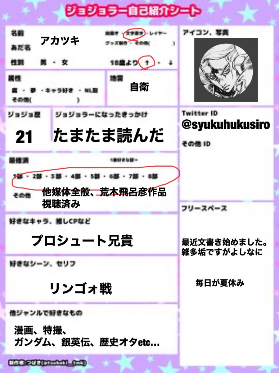 ジョジョラー自己紹介シート #ジョジョ好きさんと繋がりたい 更新した