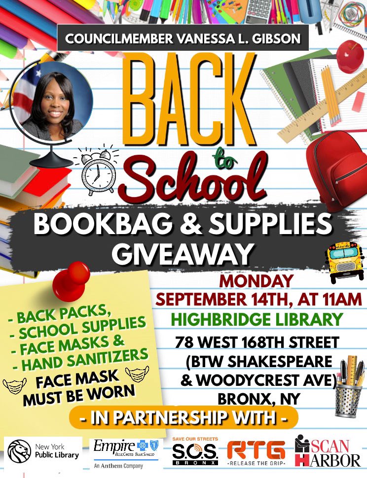 BPGibson2025's tweet photo. Looking forward to our Back to School Bookbag and School Supplies Giveaway, Monday, September 14th, 11am, at the NYPL Highbridge Library, with elected officials and community partners. We will be doing #Census2020 outreach, distribution of face masks and hand sanitizers. #Bronx https://t.co/AKJGvuxCpt