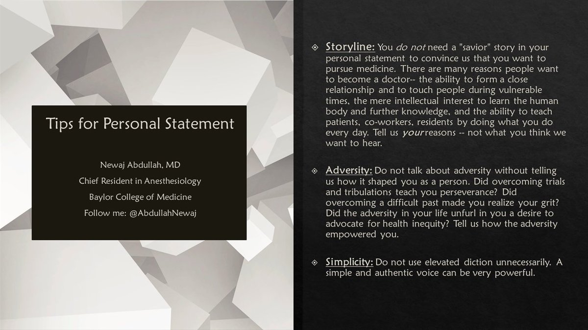 AbdullahNewaj's tweet photo. #MedStudentTwitter - Here are some tips on writing a personal statement. Do not hesitate to reach out with questions -- we are here for you! #Match202 #ERAS2021 @amandasximd @abigailschirmer https://t.co/tHm6F6T7ON