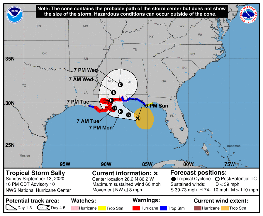 9/13 - 11pm CT. [Thread]. We're going to detail some of the impacts we're expecting from  #Sally across our forecast area. This data is from the 10pm National Hurricane Advisory. Biggest threat: Flooding rain across much of the area, and dangerous marine conditions along the coast