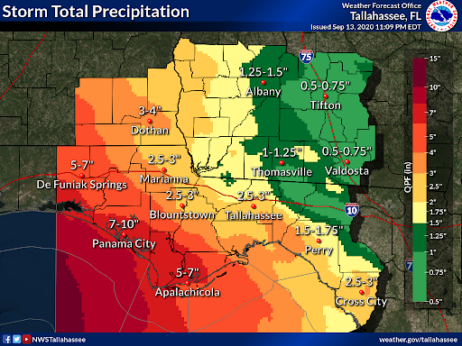 Flooding Threat. A Flash Flood Watch is in effect for many locations across our forecast area with steady ready likely through Tuesday. Additional rainfall possible Wed/Thurs. Forecast amounts through Thursday.  #Sally