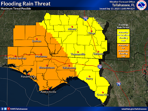 Flooding Threat. A Flash Flood Watch is in effect for many locations across our forecast area with steady ready likely through Tuesday. Additional rainfall possible Wed/Thurs. Forecast amounts through Thursday.  #Sally