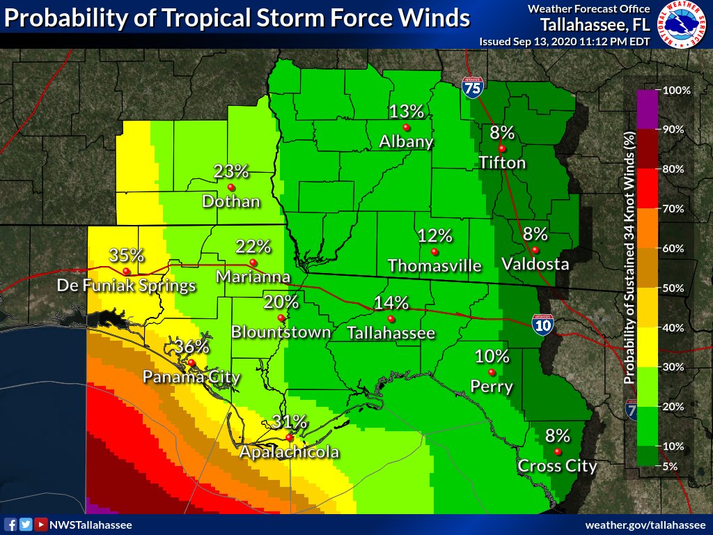 Wind Threat: The greatest threat for tropical storm force winds will be along our coastal regions where Tropical Storm Warnings/Watches are in effect. We can't rule out isolated tropical storm force gusts in the outer bands from  #Sally outside the tropical storm warnings.