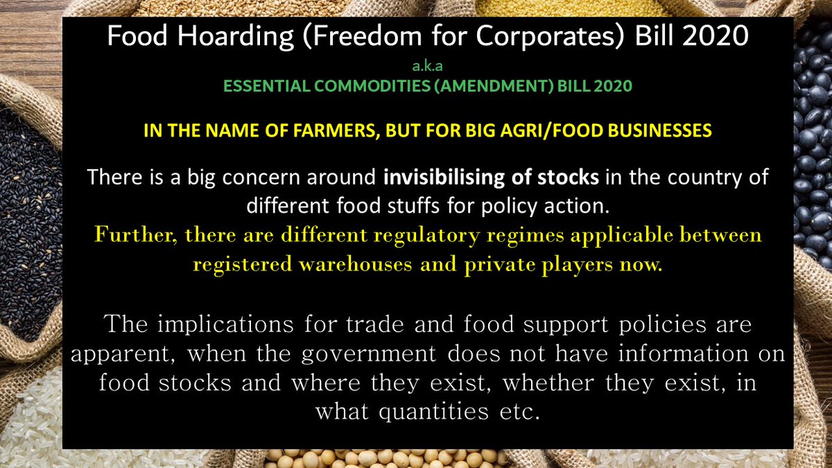 The invisibilising of stocks in the country of different food stuffs has great adverse implications for policy action, in addition to fact that different regulatory regimes applicable b/w registered warehouses & private players now. 7/7