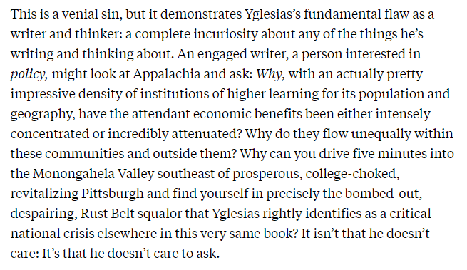 5/When addressing the substance of the book, Bacharach asserts that Yglesias' idea to upgrade 2nd-tier research universities with federal funding (something I've long argued for) won't help the surrounding regions. But no actual evidence is presented!