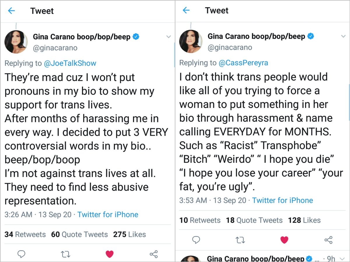 Here is the bullying and harassment Gina Carano is receiving.SJW's have been bullying her for weeks demanding she put pronouns in her bio & calling her a "transphobic, ugly bitch."They're now trying to get her fired from Disney Star Wars.