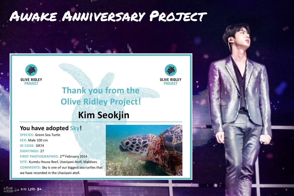Akjinbts's tweet photo. To honor Seokjin 4th Awake anniversary a Green Sea Turtle "Sky" was adopted under Kim Seokjin 🐢
This donation will be done every year under his name 💜
@ORP_INDIANOCEAN works to preserve the ocean and protect Turtles
For Jin who loves animals and the ocean
#4YearsWithAwake https://t.co/QRJMkr5jhX