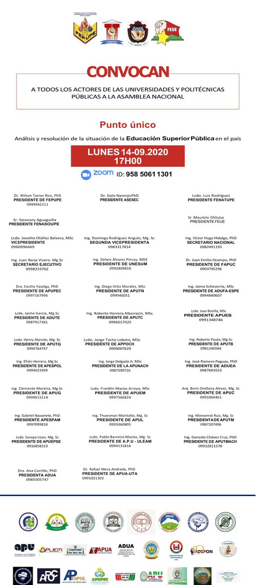 <a href="/FEPUPE_ec/">FEPUPEcuador</a> #Fenatupe <a href="/fenasoupe/">FENASOUPE</a> y <a href="/FEUEnac_Ecuador/">FEUE NACIONAL</a> invitan a los estamentos de las IES del Ecuador para el día de mañana 14/09/2020, 17H00 a la #ASAMBLEANACIONAL

Tema: 
Análisis y resolución de la situación de la Educación Superior Pública en el país.

cedia.zoom.us/j/95850611301