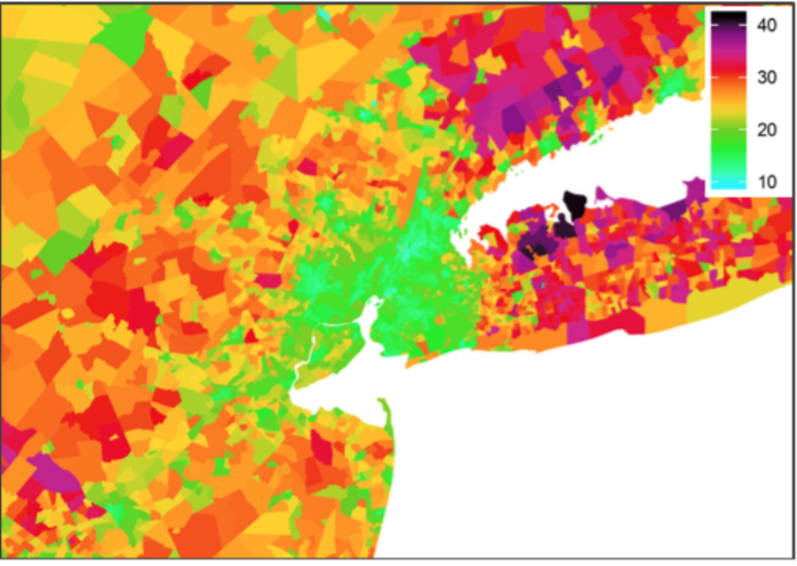 Average carbon emissions per household. The contrast between the NYC/NJ urban core and the suburbs is incredible. ceepr.mit.edu/files/papers/r…