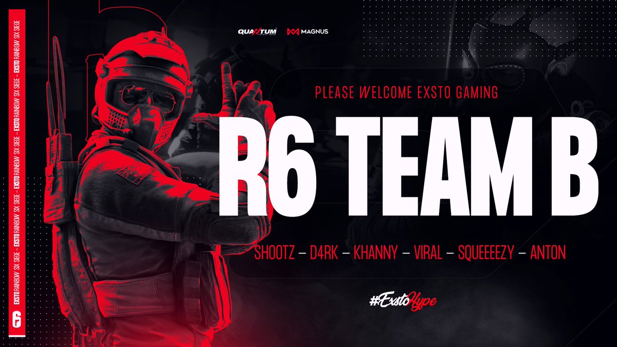 ExstoG's tweet photo. [#RAINBOW6]

We welcome back a few familiar faces, as we introduce Exsto Gaming B to the Exsto family! 👋

➡️ @Krs_Shootz
➡️ @D4RK_EXG
➡️ @kanszu
➡️ @SqiizE
➡️ @ViraINature
➡️ @antsleem

They'll be competing in @LPL_R6S Amateur this upcoming season!

#ExstoHype | #ExstoR6 https://t.co/FSAjraHYFJ