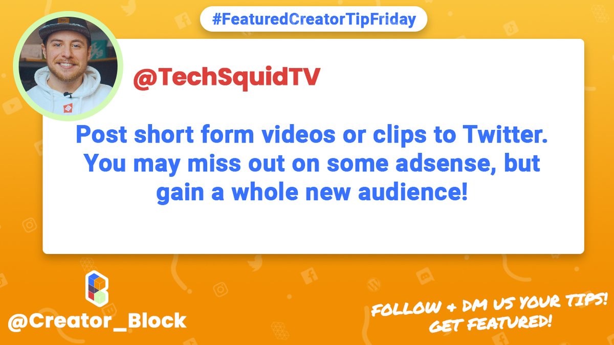 creator_block's tweet image. #FeaturedCreatorTipFriday
"Post short-form videos or clips to Twitter. You may miss out on some AdSense revenue, but you may gain a whole new audience!" - @TechSquidTV 

Share your tip and get featured!
#youtube #youtuber #twitch #twitchstreamer #adsense