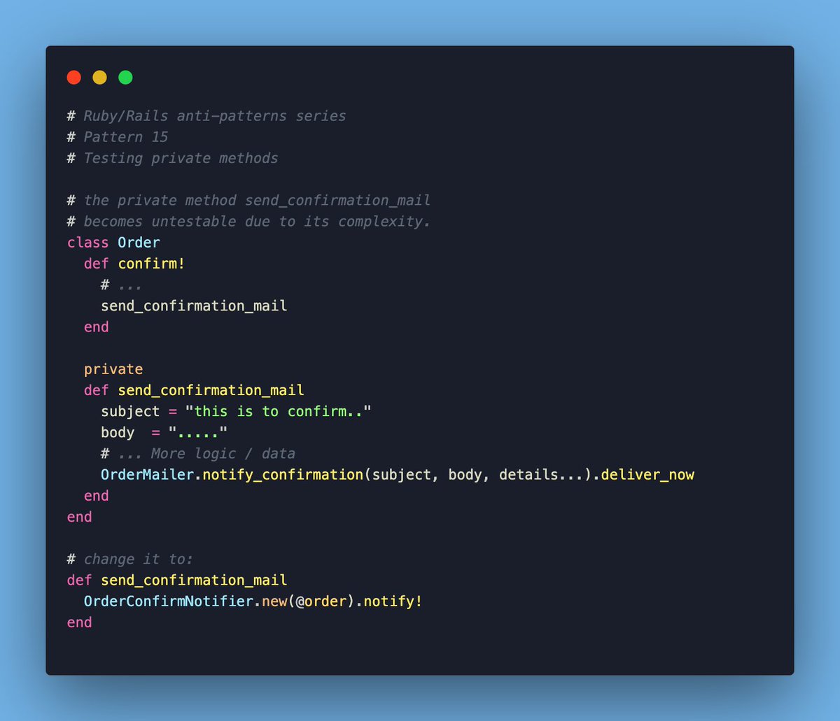 _SRT_'s tweet photo. How do I write tests for private methods?
The very first question that boggles us when we have a logic responsible to do something, encapsulated in private methods.
Here's how to fix it.
#rubyonrails #ruby #rubyantipatterns #programming #RubyTips #RailsTips #testing #tdd #bdd https://t.co/BYHhSfYA6a