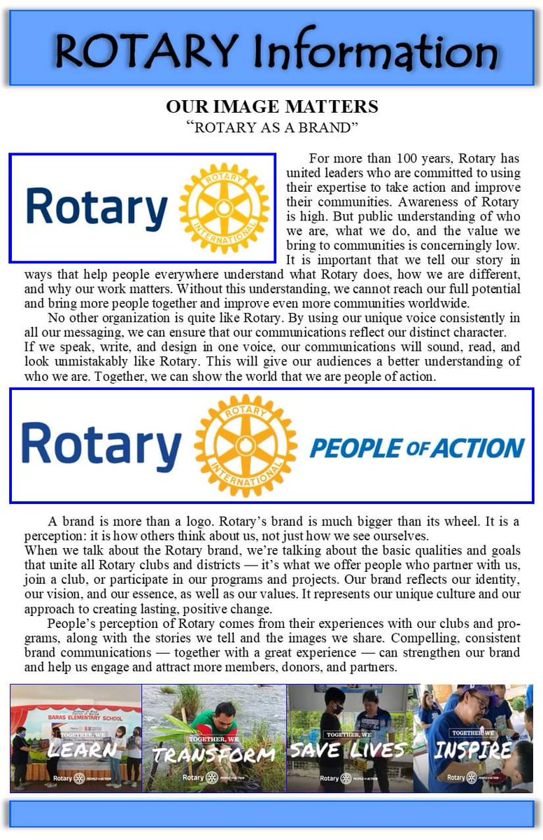 LakeshoreRizal's tweet photo. OUR IMAGE MATTERS: Rotary as a Brand
#PeopleofAction
But of course, it goes beyond our logo, the appropriateness of using Rotary Brand, Rotary's image can be defined also by how Rotarians carry our brand, and live within the tenets of four way test.
#RotaryTransforms https://t.co/k7UA1HdXkb