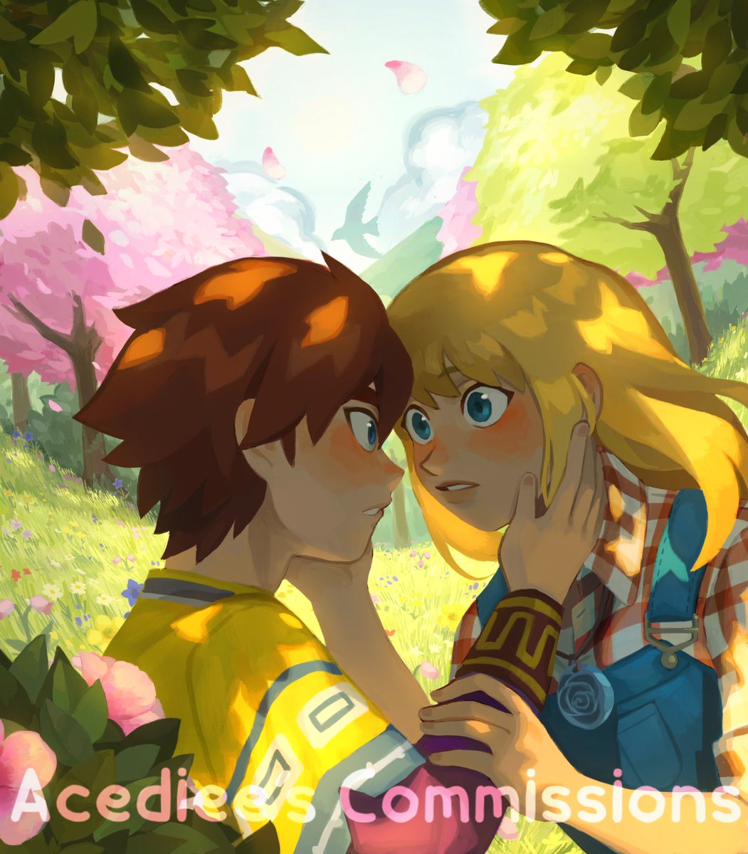 Acedieee's tweet photo. A full render commission for Durotos for her fanfiction 'The Shy Newcomer'! I'm happy that I got the chance to paint Cliff and Claire again and I'm glad the scenery turned out well 🌸

#SoSFoMT #StoryofSeasons #harvestmoon #friendsofmineraltown https://t.co/kEQz32JG97