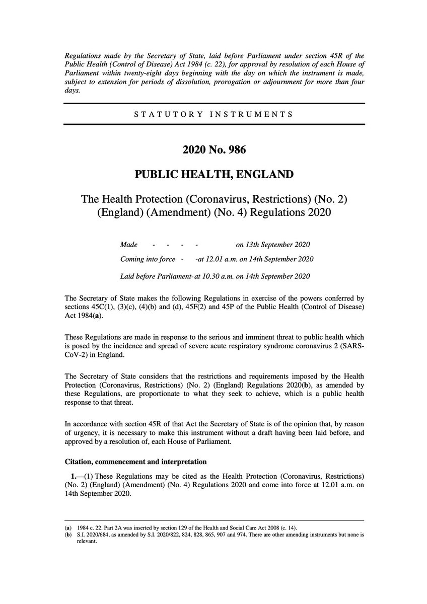 The new coronavirus regulations for England were published a few minutes before they entered into force and without any parliamentary scrutiny.  @MattHancock said they were ‘super-simple’. They’re not — and they raise significant constitutional issues. /1 https://www.legislation.gov.uk/uksi/2020/986/pdfs/uksi_20200986_en.pdf